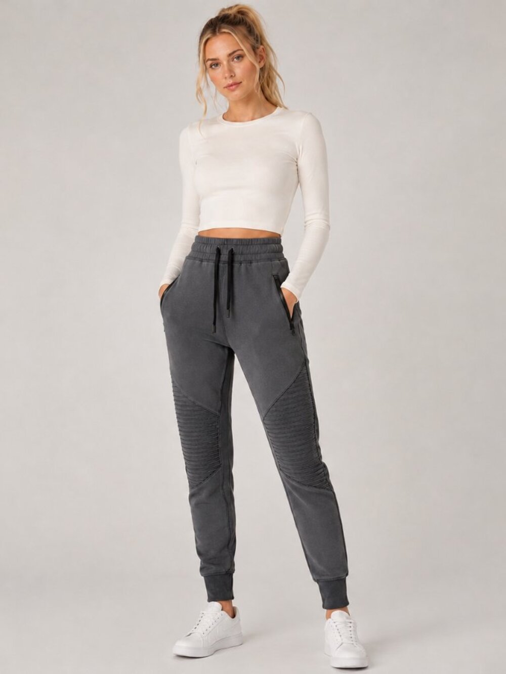 Alo Yoga Urban Moto Jogger Pants Women L Gray Ribbed Zip Pockets Athleisure